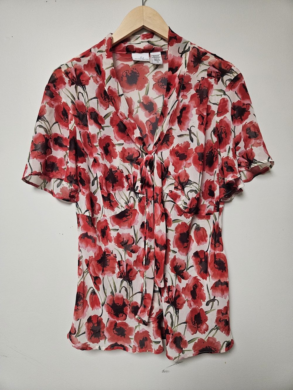 Jaclyn Smith Plus Sheer Red Floral Tie-Front Blouse